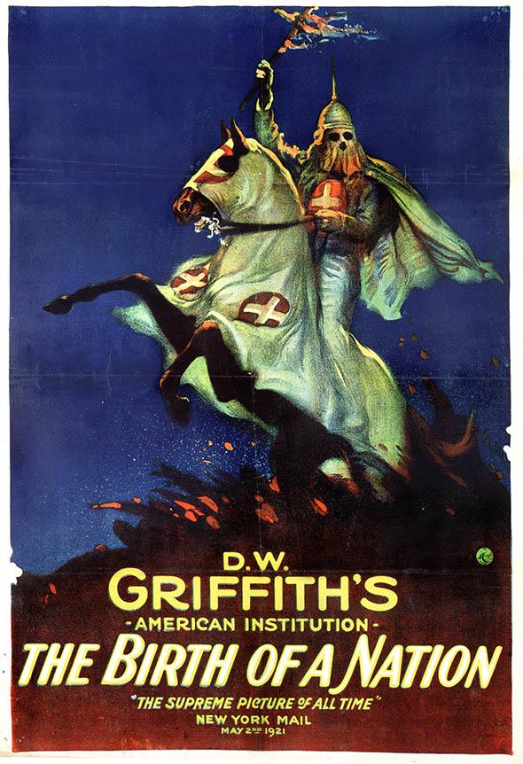 Movie poster advertises 'The Birth of a Nation' directed by D.W. Griffith, 1915.