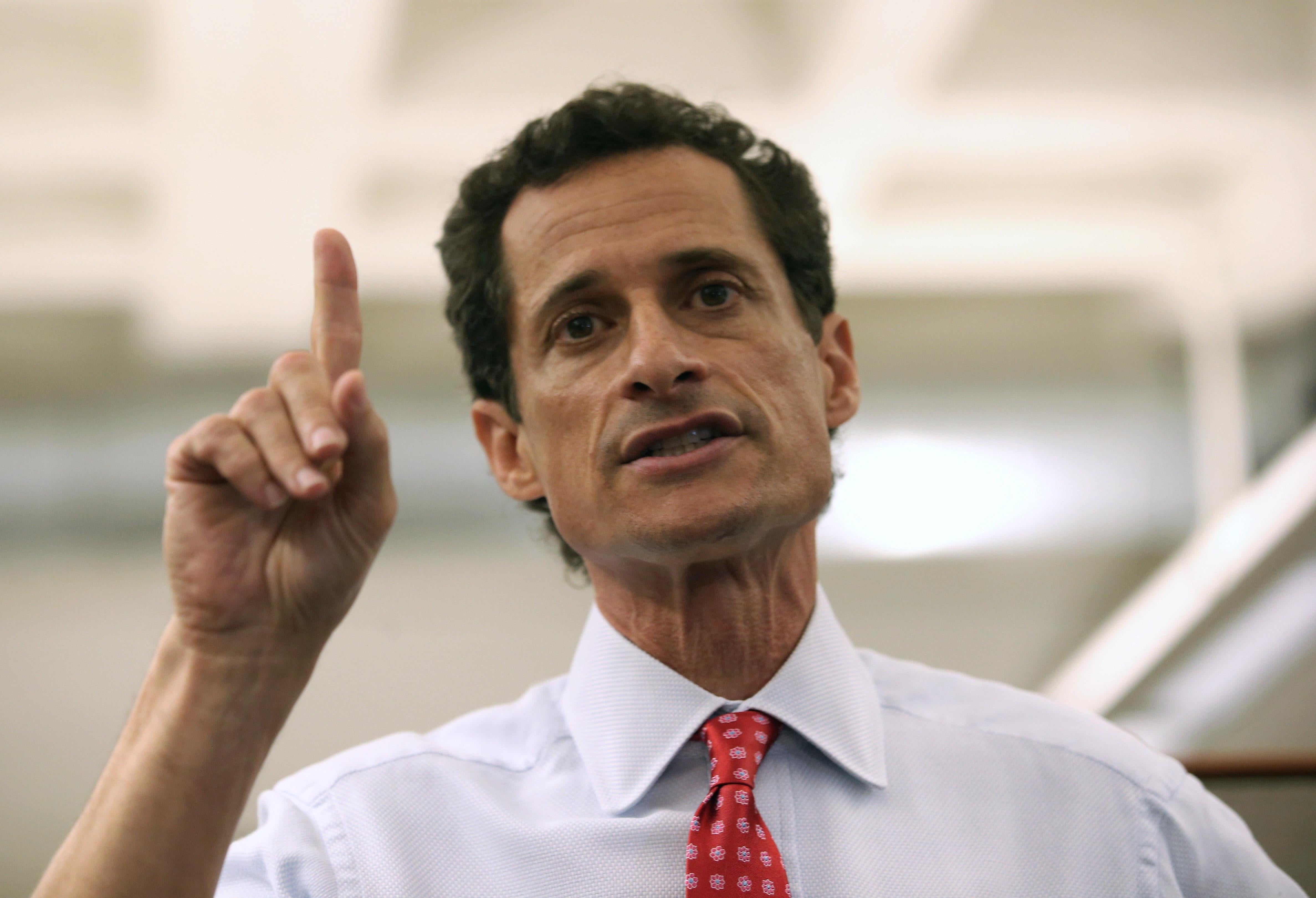 Anthony Weiner, a leading candidate for New York City mayor, answers questions during a press conference.