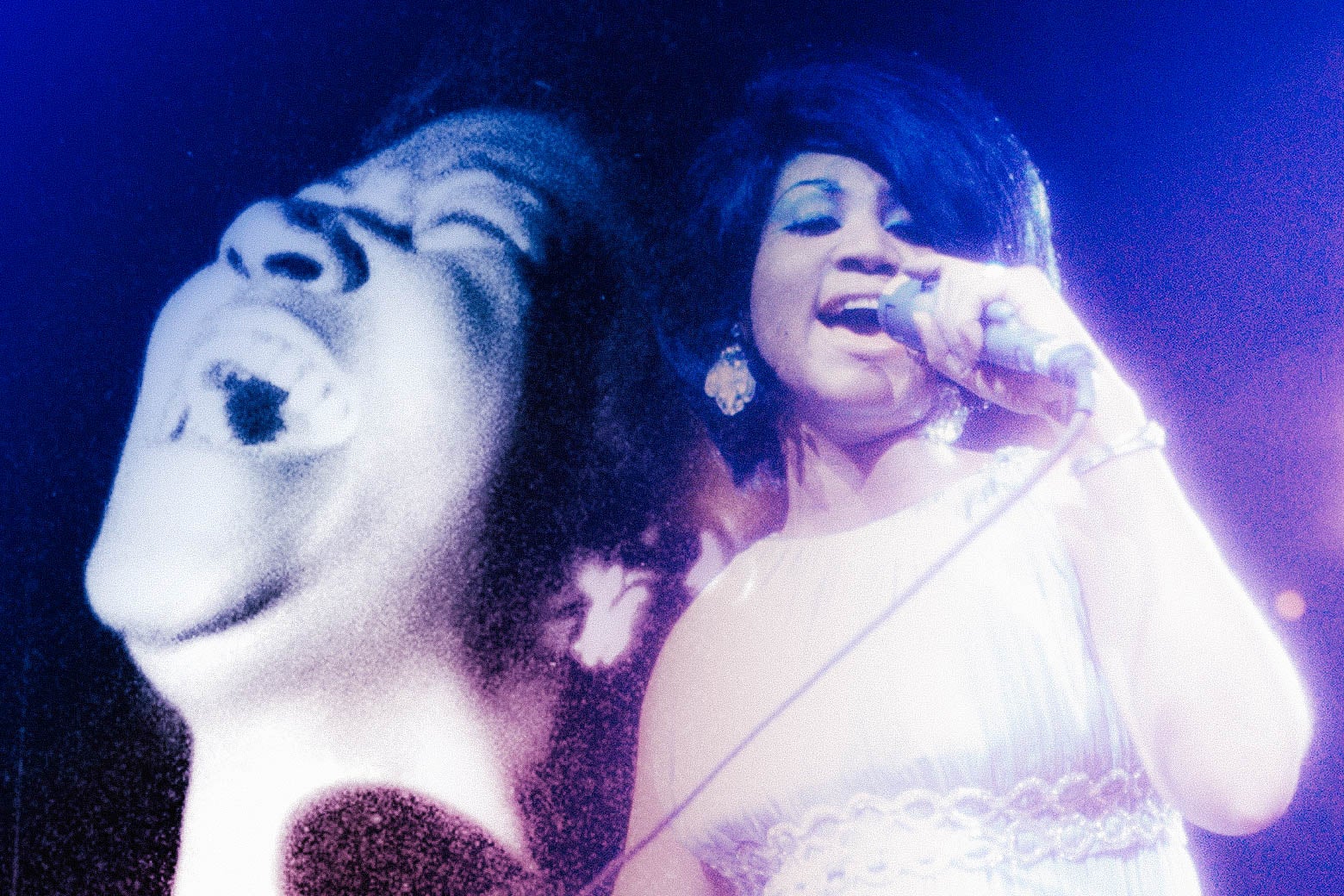 Collage of two photos of Aretha Franklin.