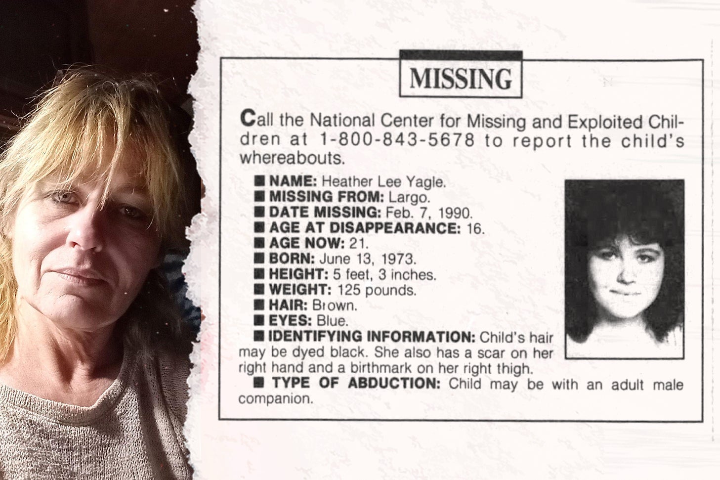 A present-day photo of Heather Yagle, a blond white woman, side-by-side with a "missing child" notice of her from the ’90s.