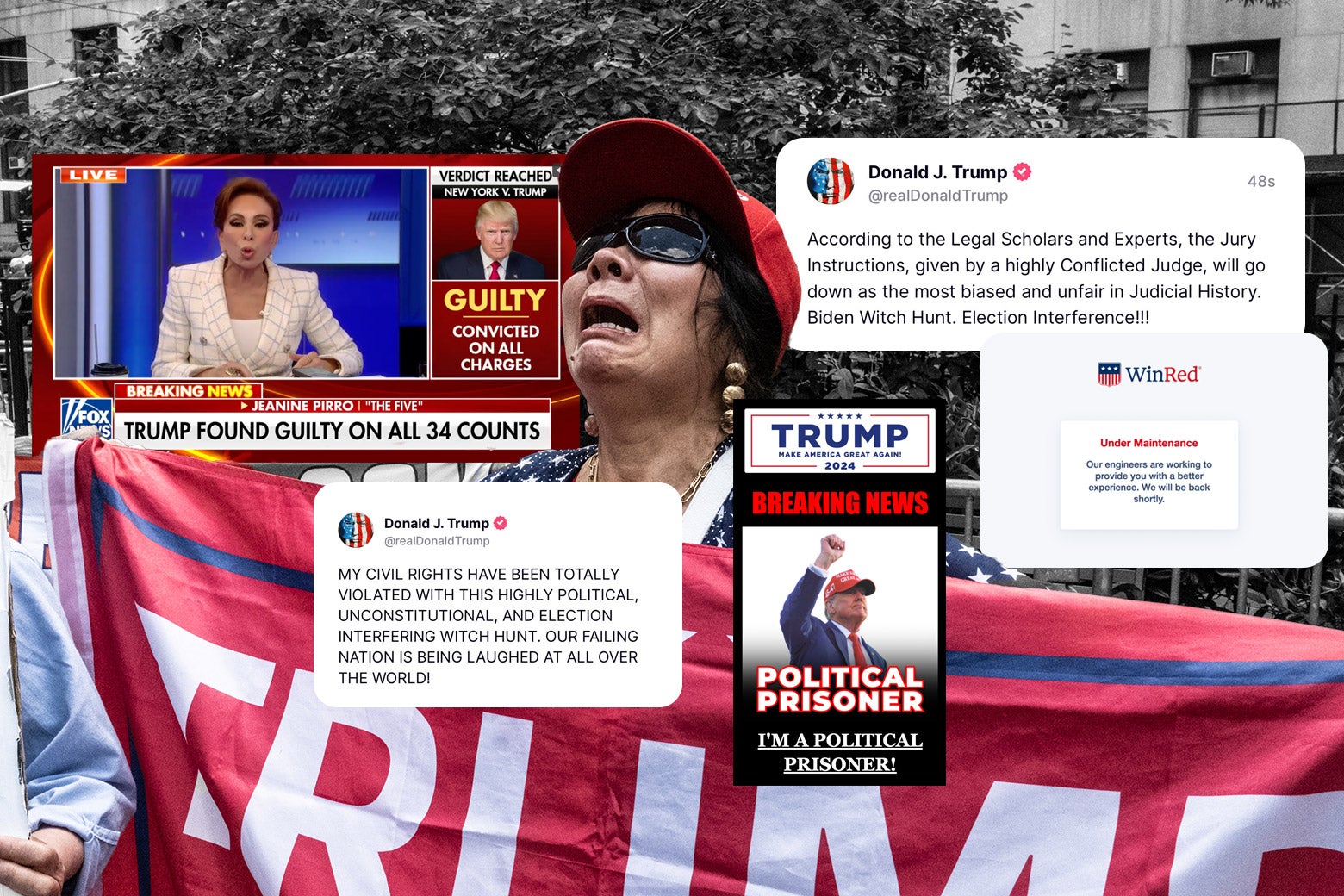 A woman screaming and unfurling a Trump flag is surrounded by screencaps of Trump's Truth Social posts, his fundraising pages, and a Fox News chyron.