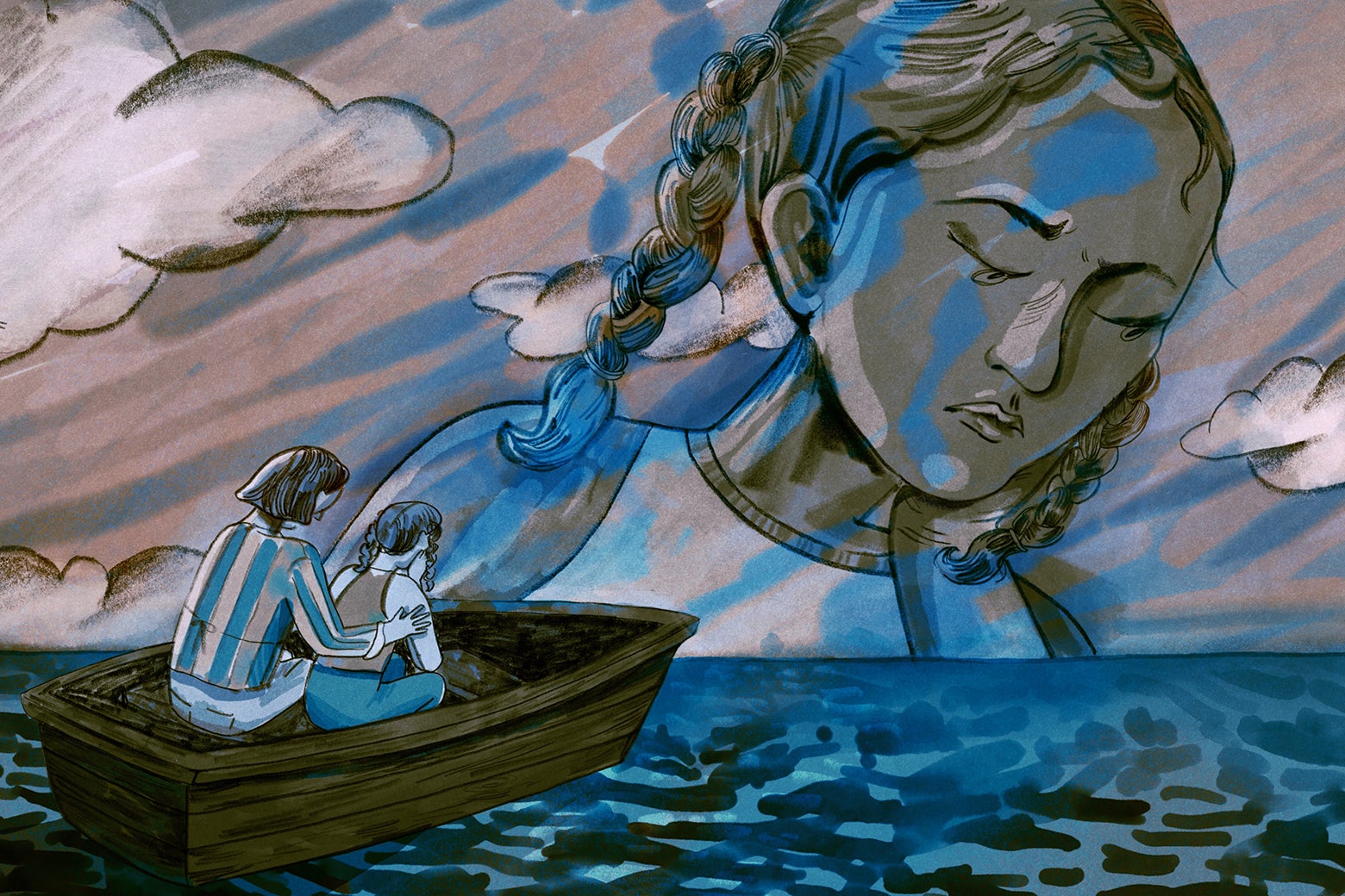 traveling A mom and child in a boat on a dark ocean taking a trip far from us; the sky and horizon are a mural of a weeping girl with braids. 