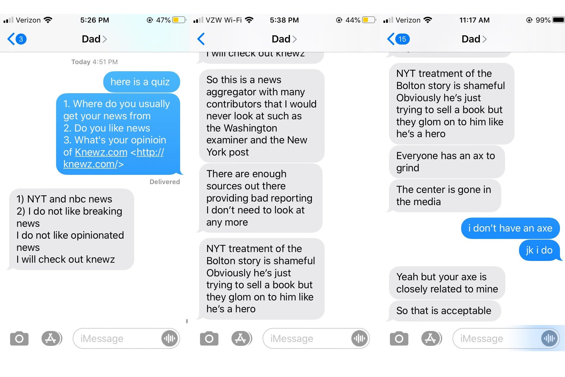 Text conversation between Leah Finnegan and father