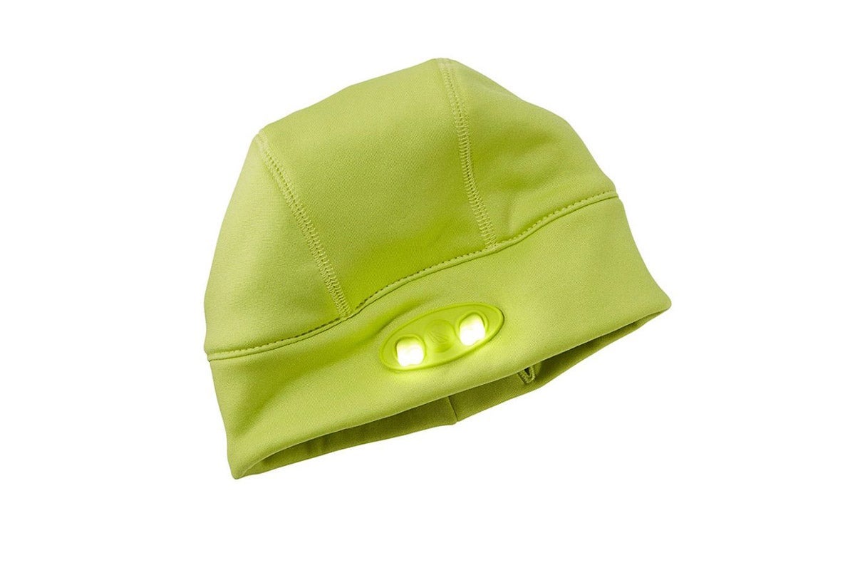 A kids beanie with a light on the front.