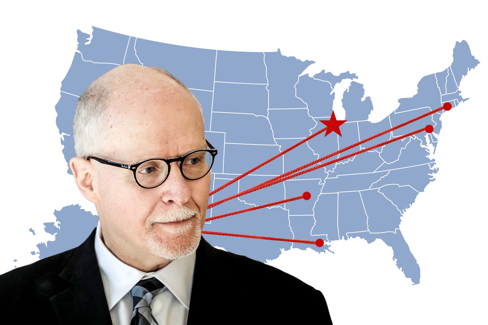Paul Vallas looking down and to his left, superimposed over a map of the USA, with red string illustrated coming from him to the cities he's been: Bridgeport, Connecticut; Philadelphia; Little Rock; New Orleans; and Chicago, which is marked with a star.