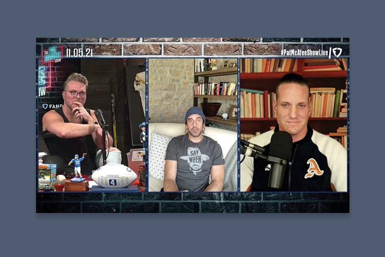 Pat McAfee, Rodgers, and McAfee's cohost appear side by side by side in a screenshot from a live stream.