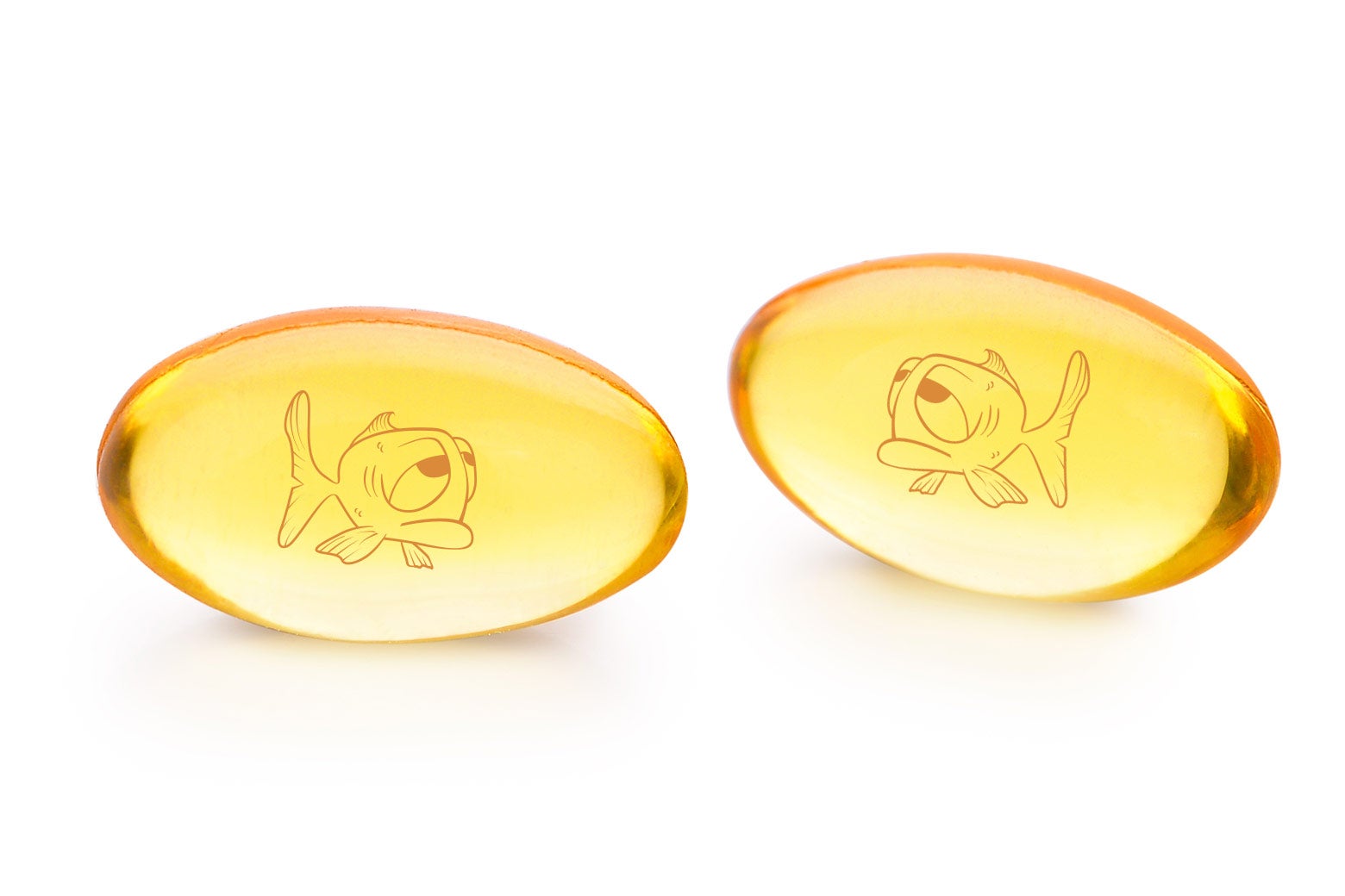 Two omega-3 capsules with sad-looking fish drawn inside them.