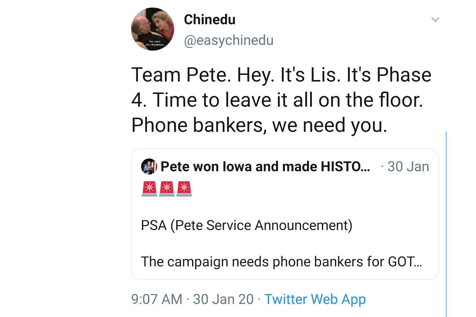 A tweet by user @easychinedu that begins "Team Pete. Hey. It's Lis."