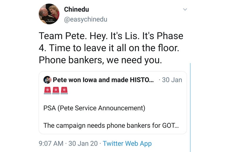 A tweet by user @easychinedu that begins "Team Pete. Hey. It's Lis."