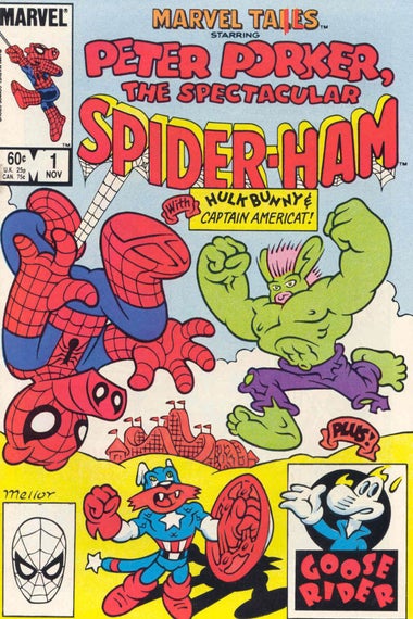 the cover of Peter Porker: The Spectacular Spider-Ham shows him facing off against Hulkbunny and Captain Americat