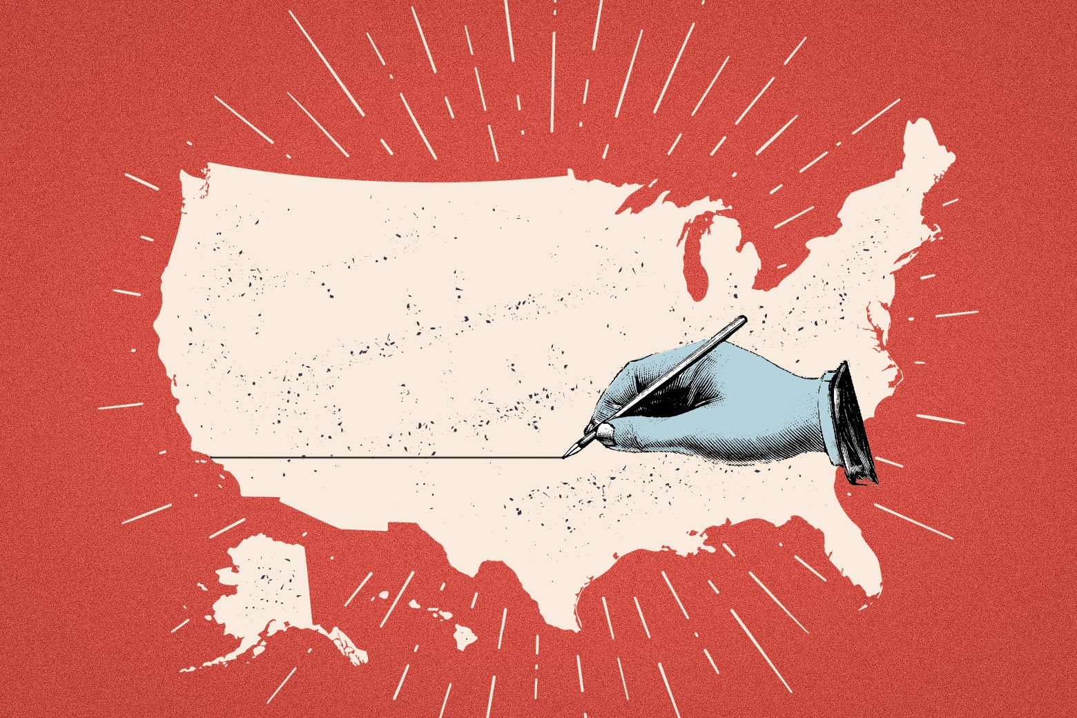 An illustration of a hand, drawing a line across America.