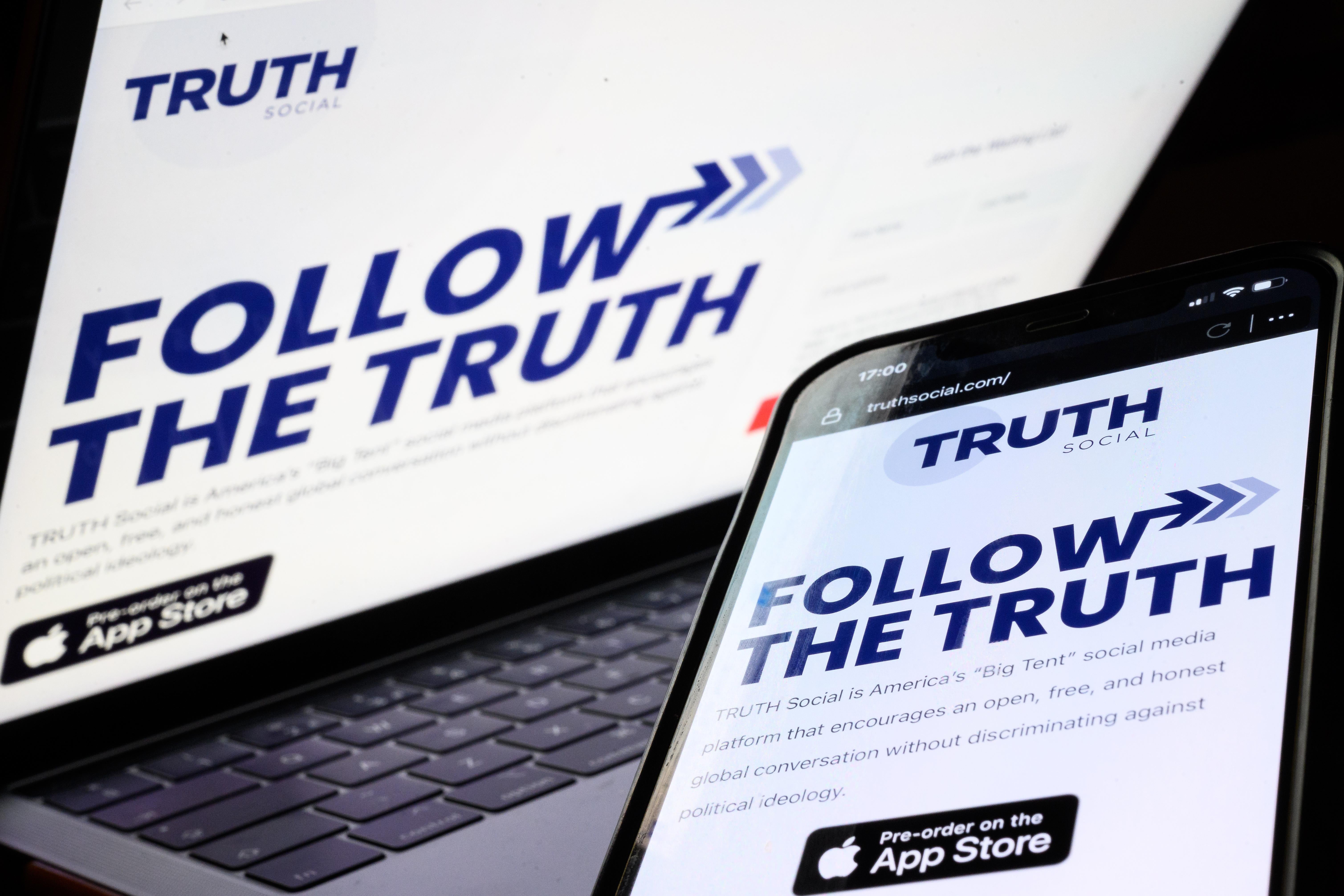 In this photo illustration, the holding screen for the Truth Social platform and app is seen on January 4, 2022 in London, England. 