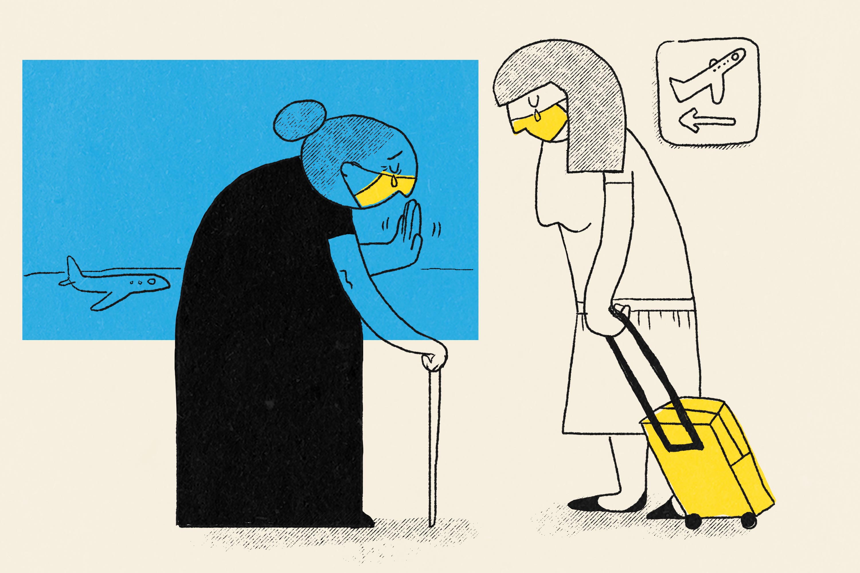 An illustration of a crying older woman with a cane wearing a face mask waving goodbye to her daughter in an airport.
