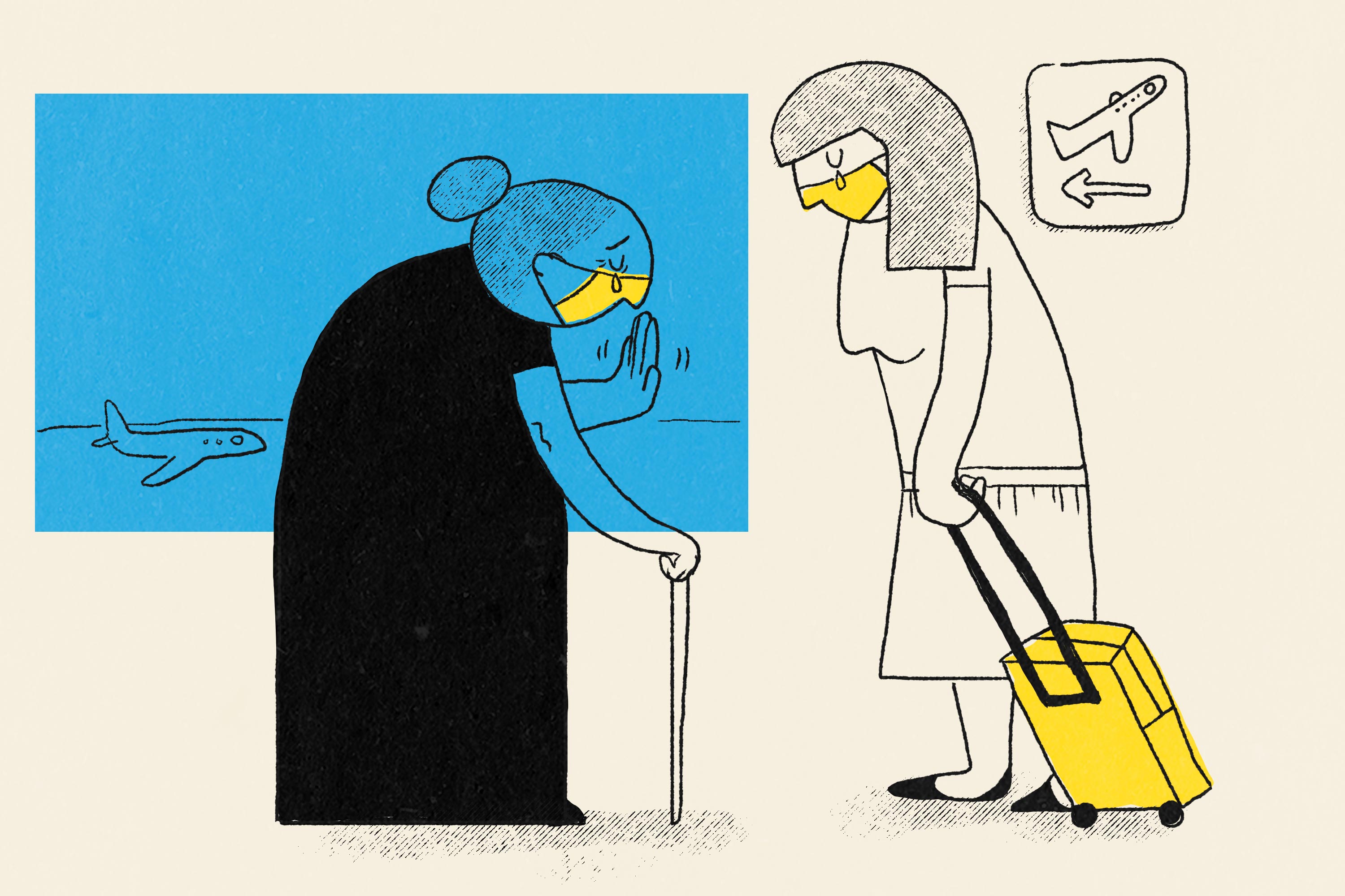 An older woman with a can and a mask says goodbye to another woman at an airport.