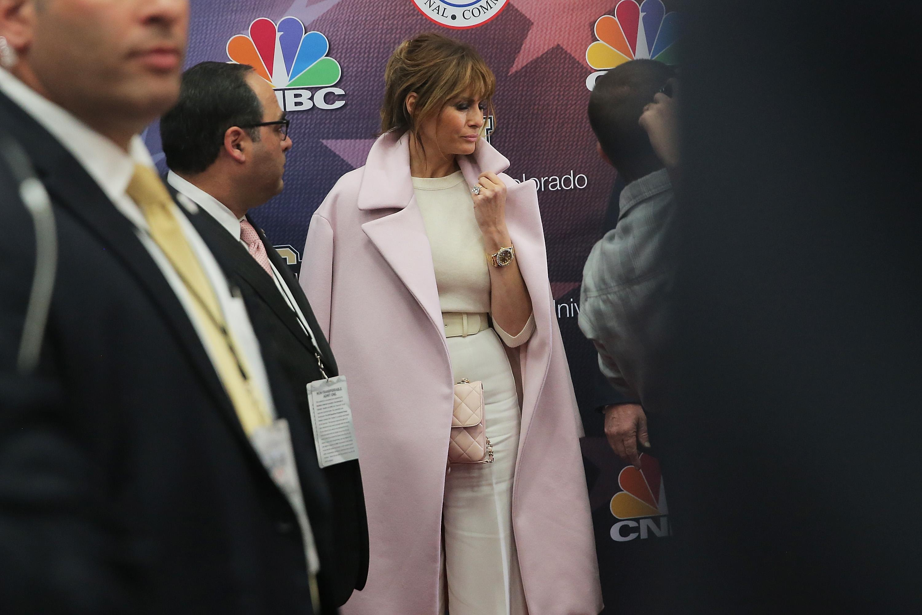 BOULDER, CO - OCTOBER 28: Melania Trump, wife of presidential candidate Donald Trump, listens to her husband speak to the media in the spin room after the CNBC Republican Presidential Debate at University of Colorado's Coors Events Center October 28, 2015 in Boulder, Colorado. Fourteen Republican presidential candidates participated in the third set of Republican presidential debates. (Photo by Andrew Burton/Getty Images)
