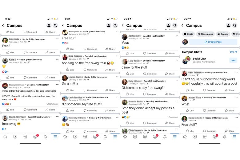 Screenshots from Facebook Campus show people posting messages requesting free stuff.