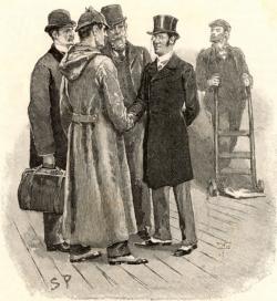 Rendering depicting characters in story "The Adventure of Silver Blaze" from Sir Arthur Conan Doyle's Sherlock Holmes series.