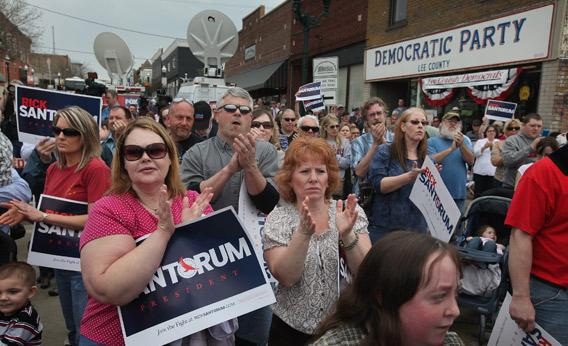 Supporters listen as Republican presidential candidate and former Pennsylvania Sen. Rick Santorum.