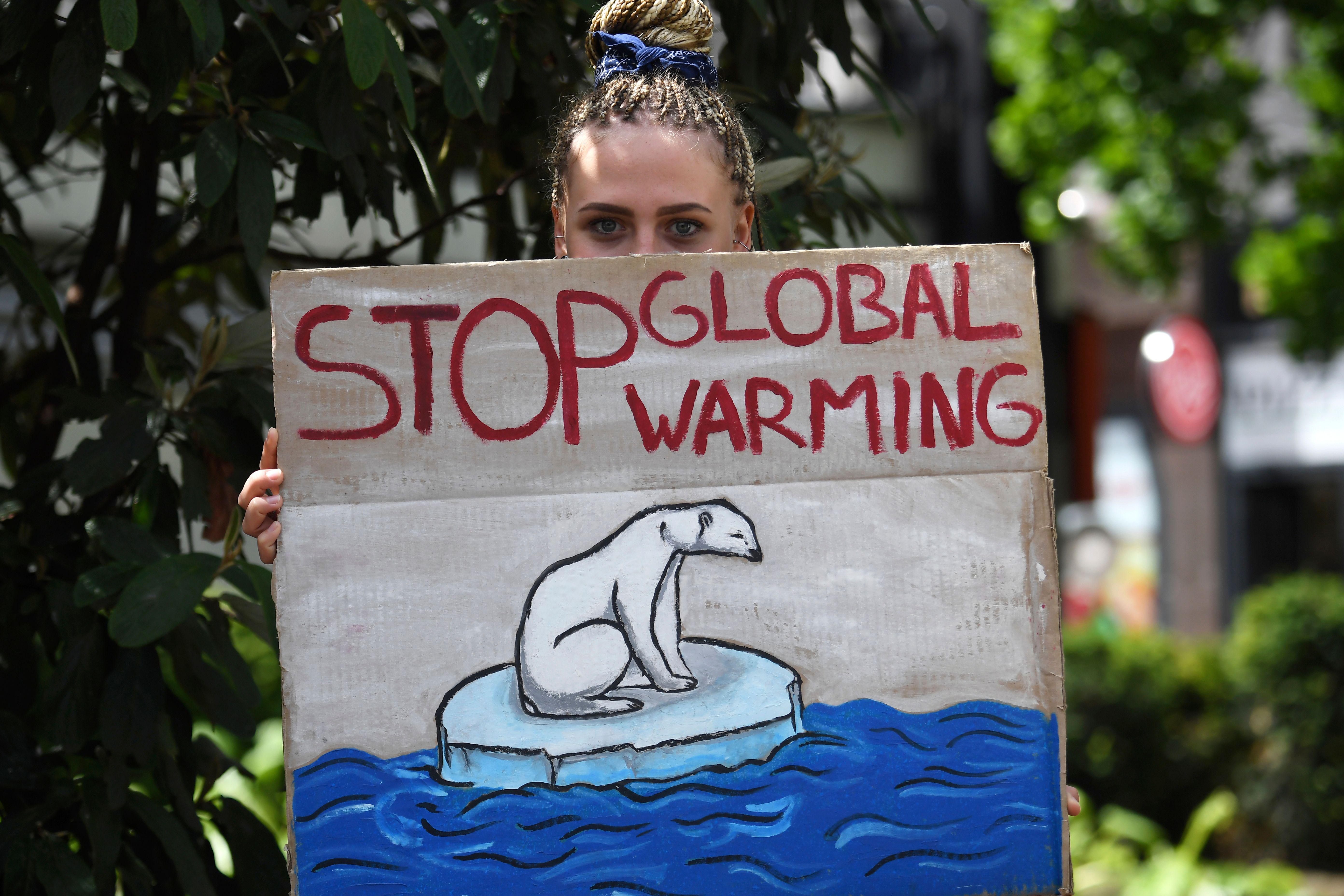 A student holds a poster depicting a polar bear on a small ice sheet as she takes part in a "Fridays for Future" protest on May 24, 2019 in Budapest, Hungary. 