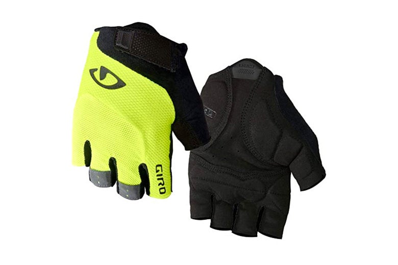 Black-and-yellow fingerless gloves.