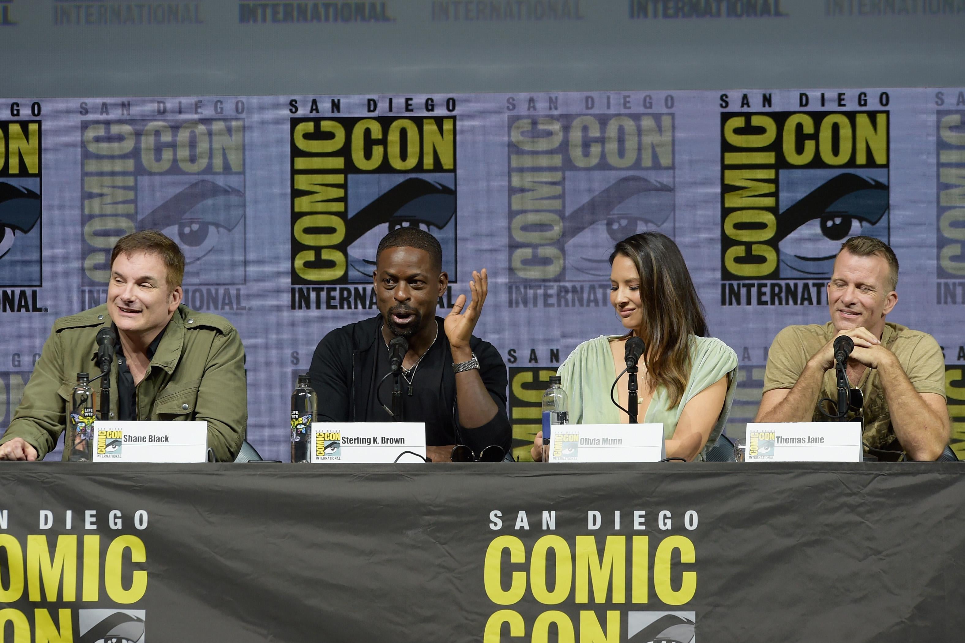 Shane Black, Sterling K. Brown, Olivia Munn, and Thomas Jane at 20th Century Fox’s The Predator Comic-Con panel.