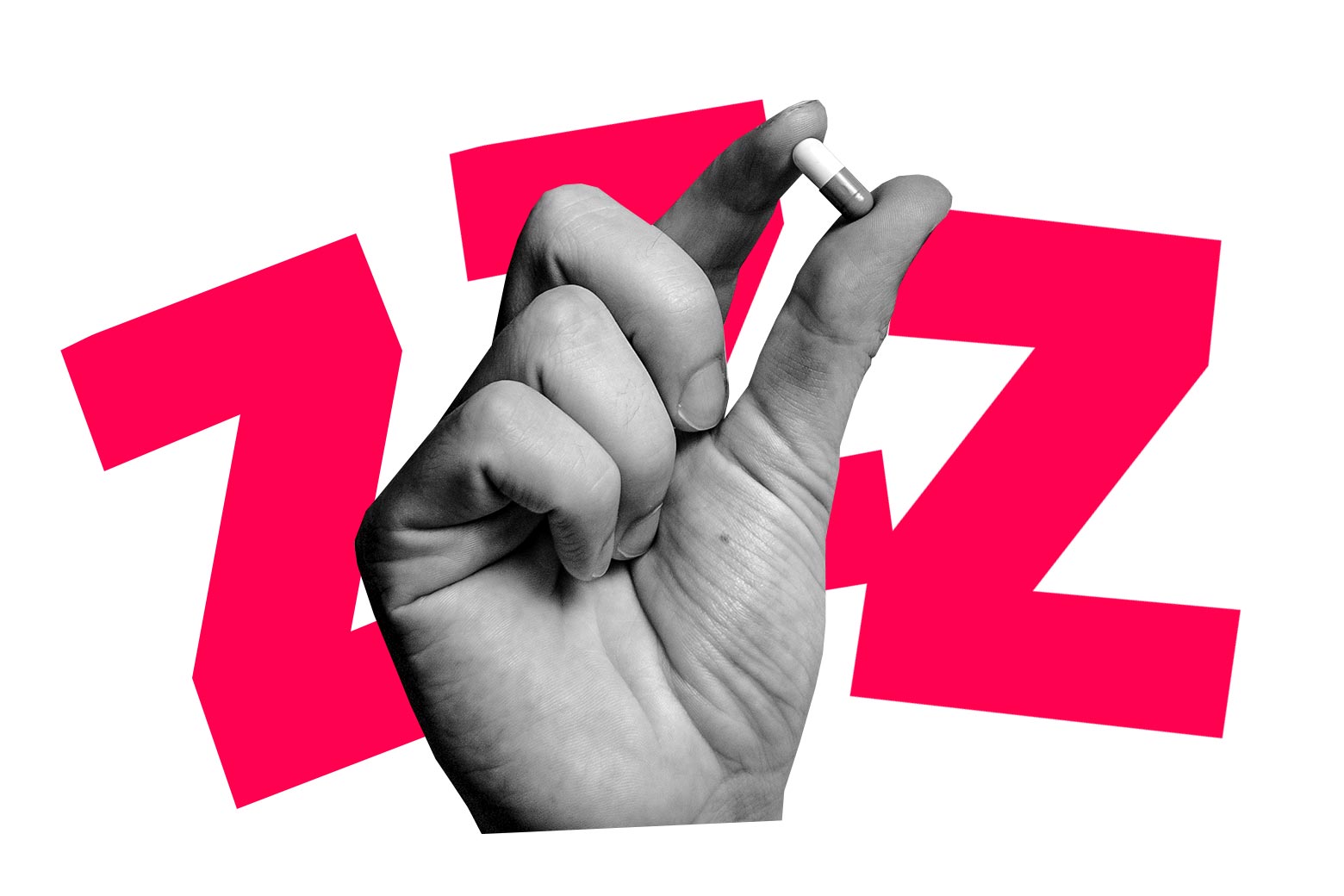A hand holds a pill. In the background, "ZZZ" is seen graphically.