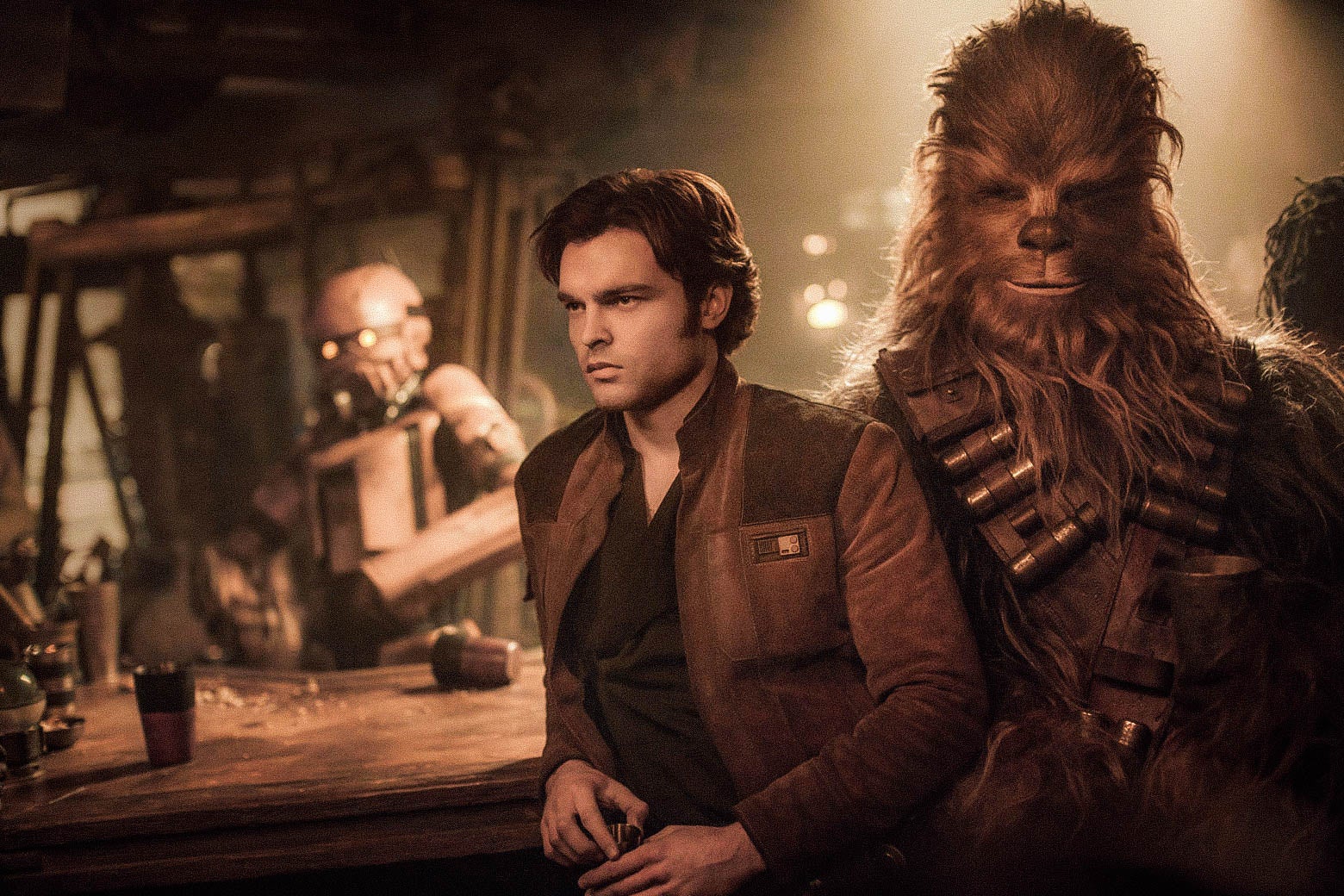 Alden Ehrenreich as Han Solo and Joonas Suotamo as Chewbacca in Solo: A Star Wars Story.