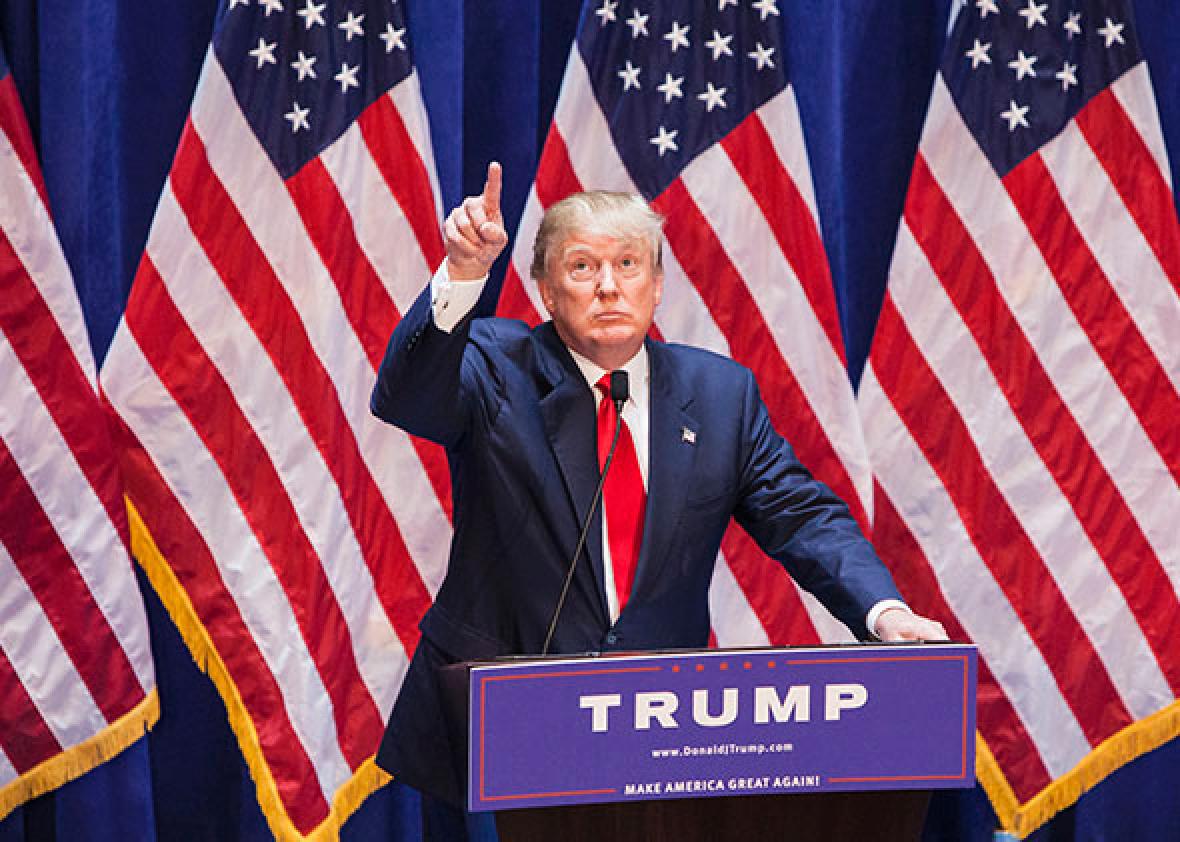 Business mogul Donald Trump gives a speech as he announces his c