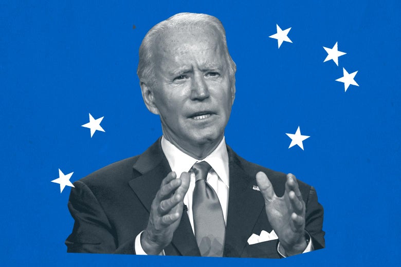 Joe Biden, in black and white, gestures with his hands against a blue background with white stars.