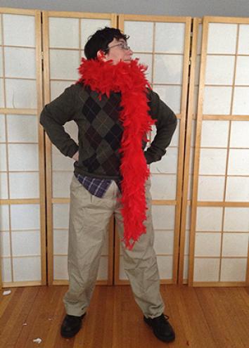 A portrait of the author with a red boa.