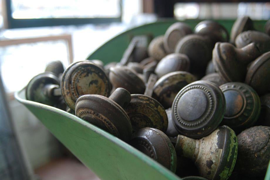 A pile of doorknobs.