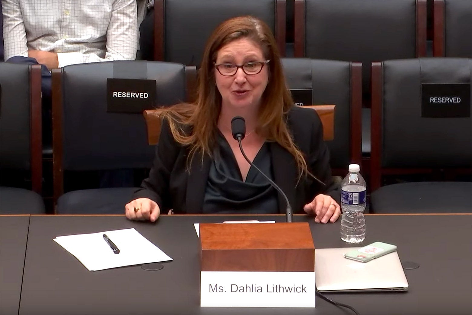 Dahlia Lithwick speaks into a microphone when testifying to the House Judiciary Committee.
