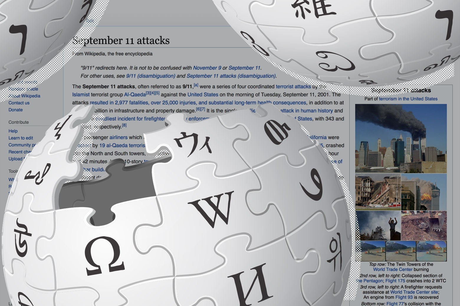 The Wikipedia logo repeated over the Wikipedia page for Sept. 11.