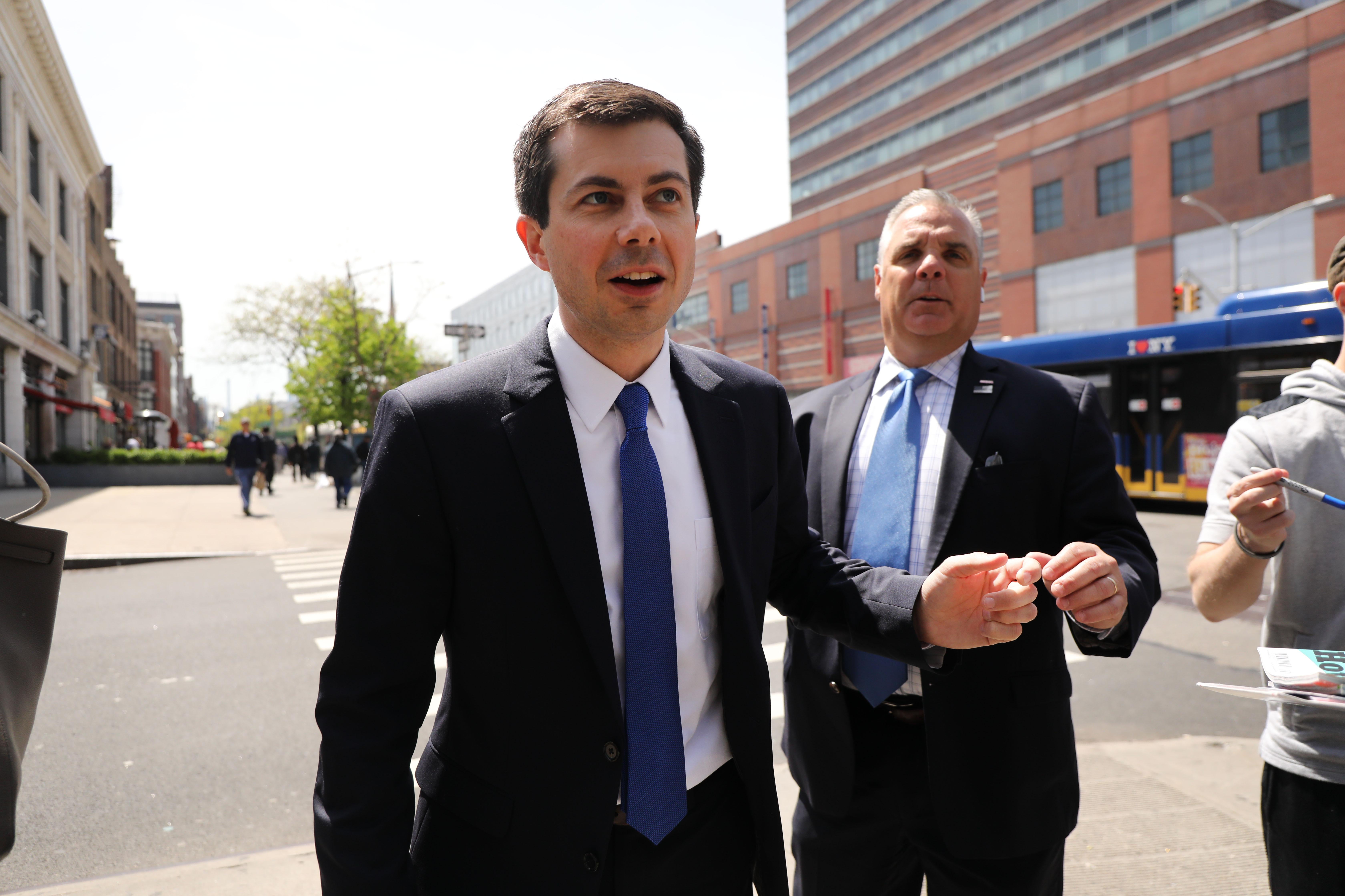 NEW YORK, NEW YORK - APRIL 29: 2020 Democratic presidential candidate and South Bend, Indiana, Mayor Pete Buttigieg meets with Reverend Al Sharpton for lunch at famed Sylvia’s Restaurant in Harlem on April 29, 2019 in New York City. The two were scheduled to speak about African American outreach and the need to confront homophobia among other issues. (Photo by Spencer Platt/Getty Images)