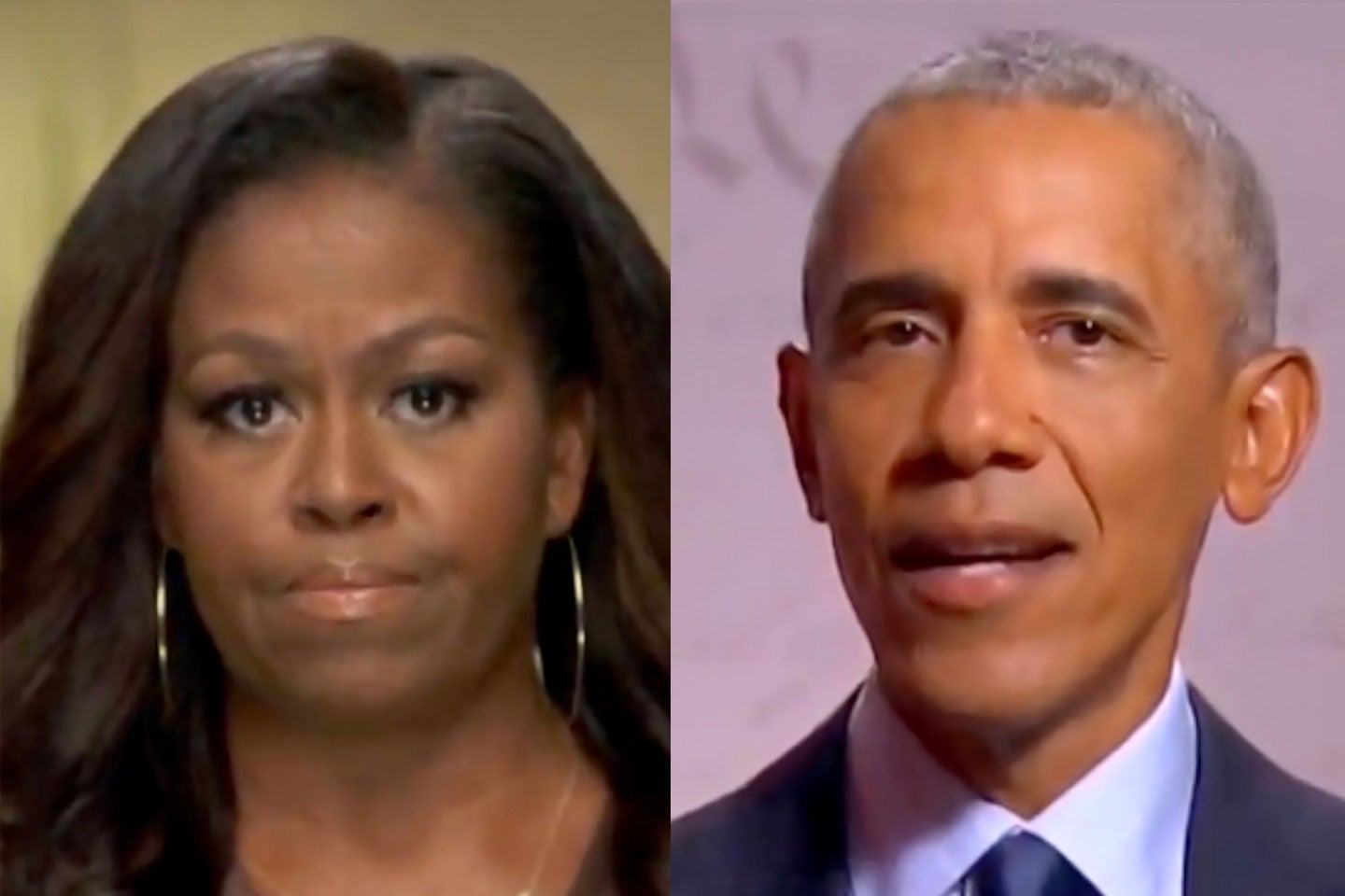 Screenshots of Michelle and Barack Obama speaking this week.