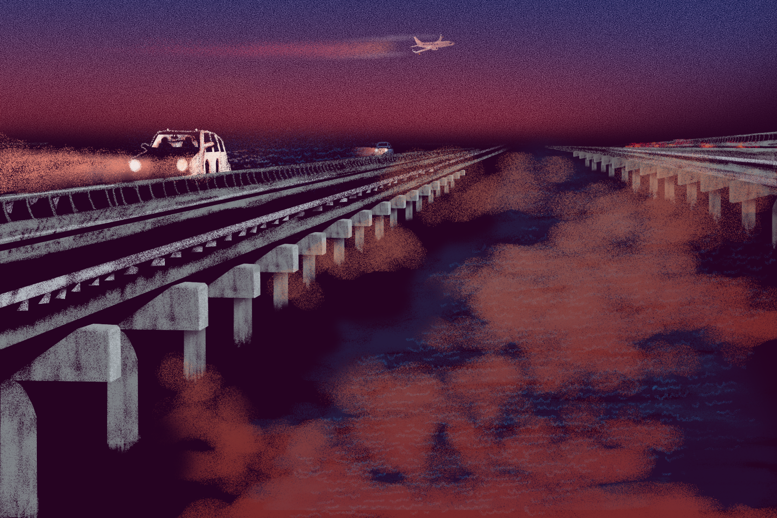 A station wagon drives across the Lake Pontchartrain Causeway as an airplane flies overhead.