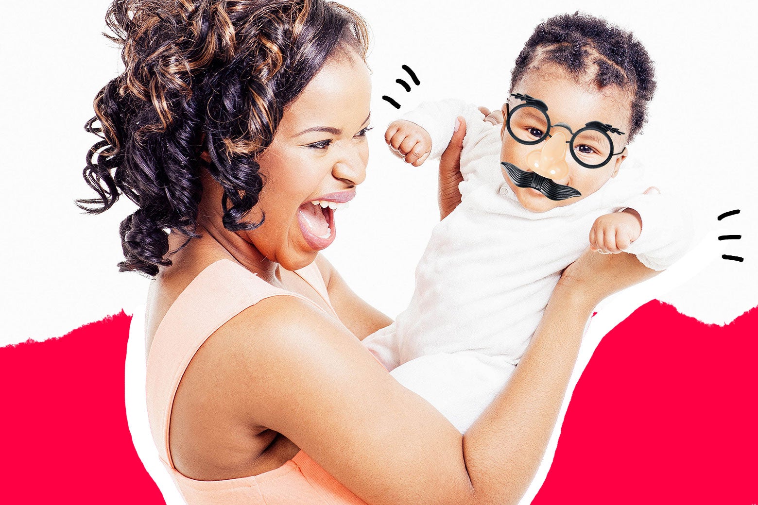 Woman caring for an infant. Infant is wearing silly glasses and laughing.