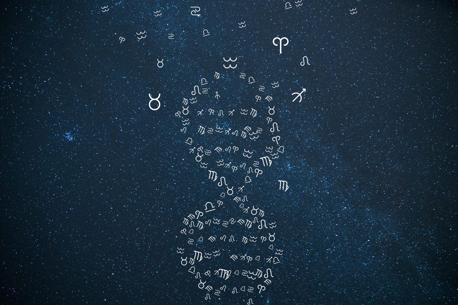 A double helix composed of astrological symbols.