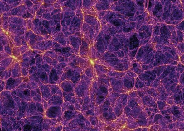 Simulation of the large-scale structure of matter in the universe, with galaxies distributed in clusters and filaments.