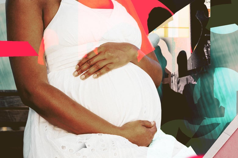 Black woman with hands on pregnant belly, in a photo collage.