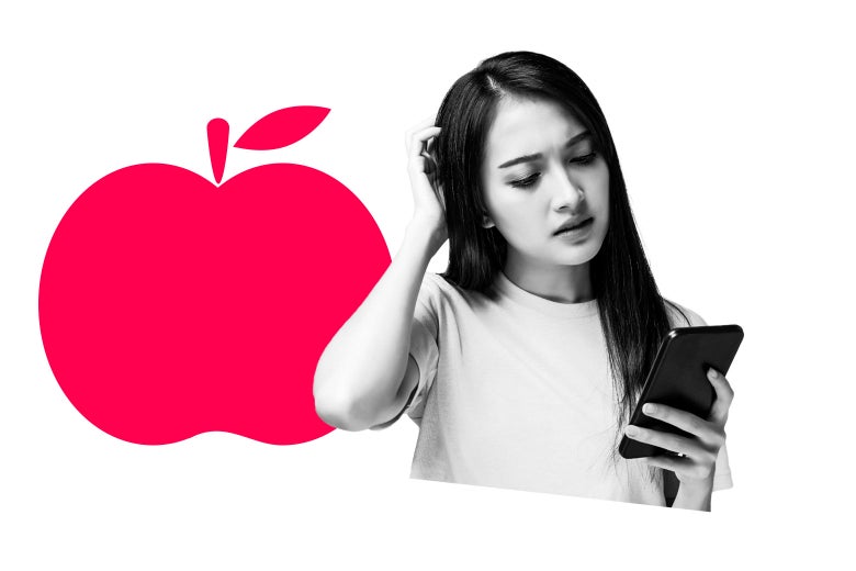 Woman looking at a phone while she scratches her head. An apple illustration floats behind her.