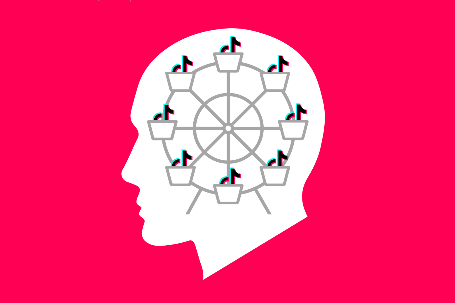 A silhouette of a head with a ferris wheel filled with TikTok logos.