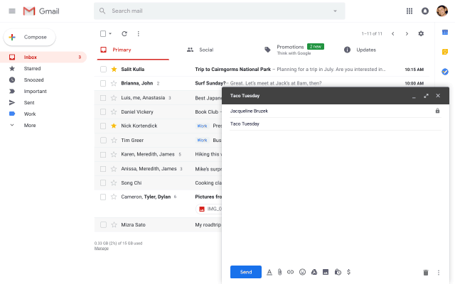 A gif of a Gmail screen that shows the Taco Tuesday email autocompleting with suggestions for following phrases and sentences.