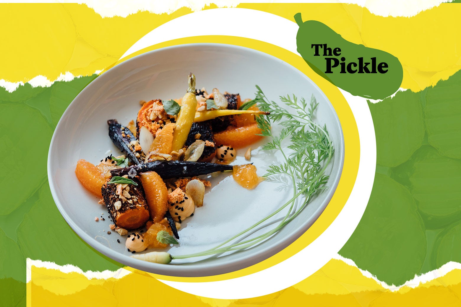 Fancy vegetable dish with Pickle logo.