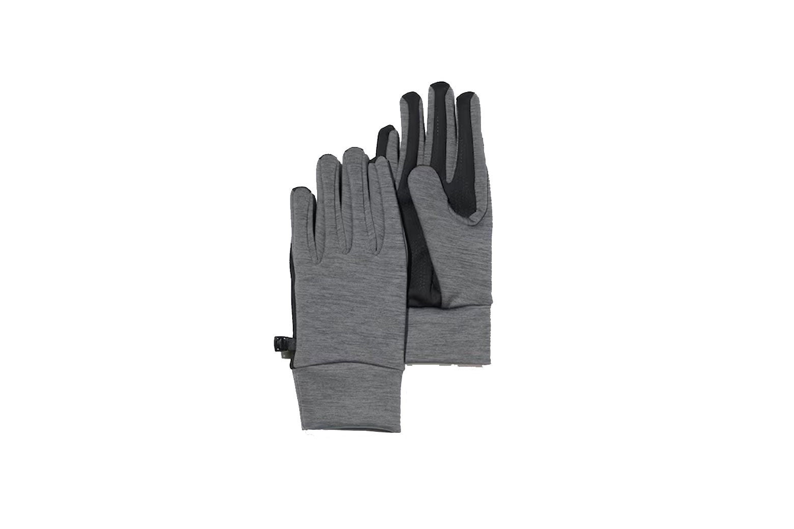 Thin gray gloves with black on the palm surface. 