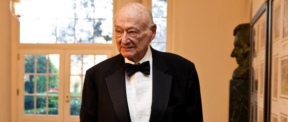 Edward Koch arriving for a State Dinner in honor of British Prime Minister David Cameron at the White House on March 14, 2012, in Washington, D.C.