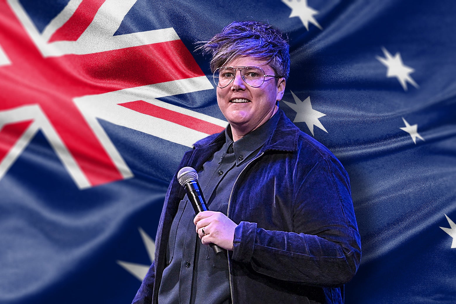Hannah Gadsby overlaid with the Australian flag.