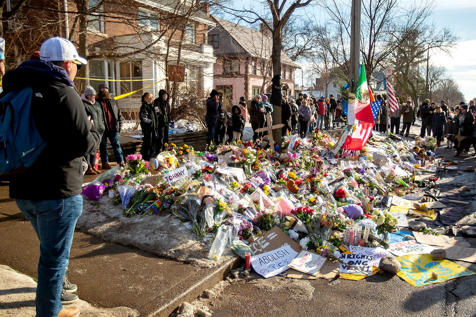 Flowers and other memorials to Renee Good near where she was killed.