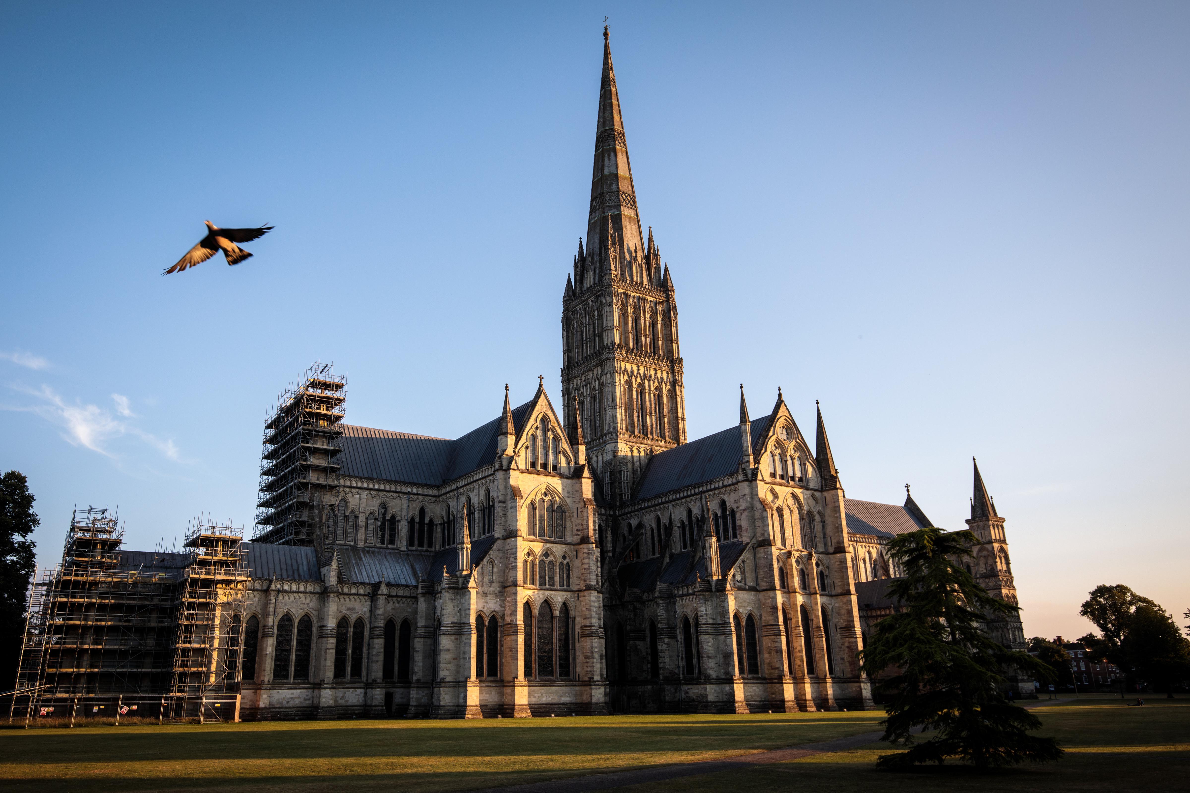SA pigeon flies past Salisbury Cathedral as the sun sets on July 4, 2018 in Salisbury, England.