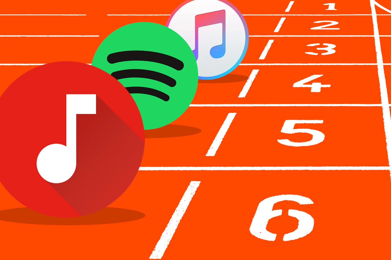 Apple Music, Spotify, and YouTube Music logos at the starting line on a track.